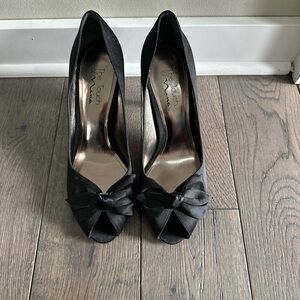Touch of Nina Black Satin Peep-Toe Heels